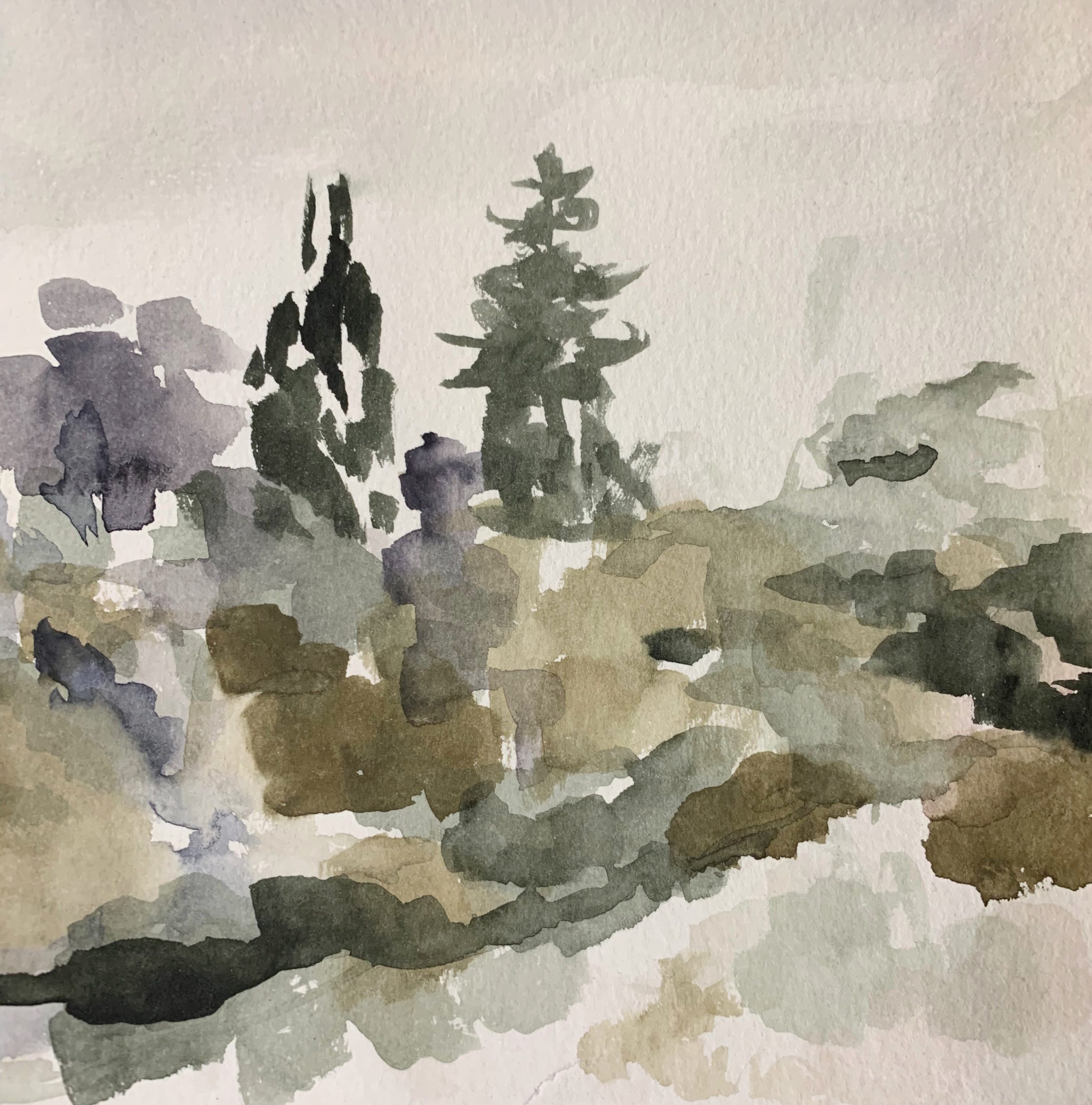 Example ink painting of landscape with trees using tinted sumi ink