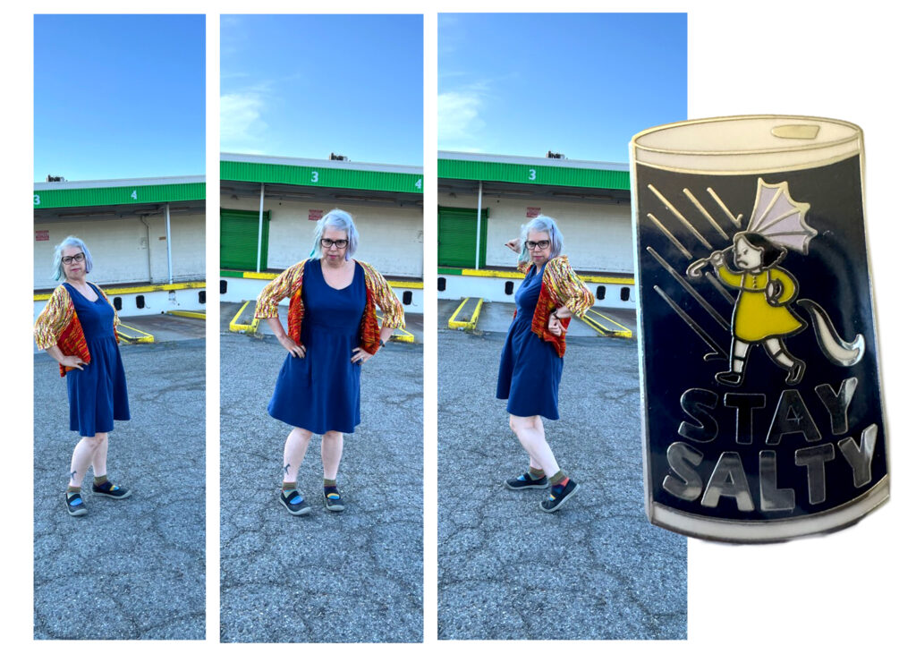 triptych of woman posing with intense expression in front of a white building with green trim. An enamel pin is superimposed over the scene which is a take-off on the Morton salt ads and logo. woman's poses match the pin