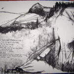 Black line drawing of mountain range with woman's profile in foreground, her hand holds quill pen and the words of her poem are written in the hills