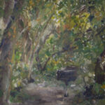 Oil painting of a picnic grill in a clearing of redwood forest
