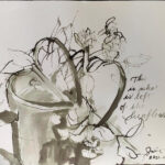 Inkwash sketch of decaying bouquet of sunflowers in a bucket