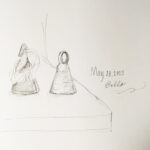light pencil sketch of metal bells on a cabinet