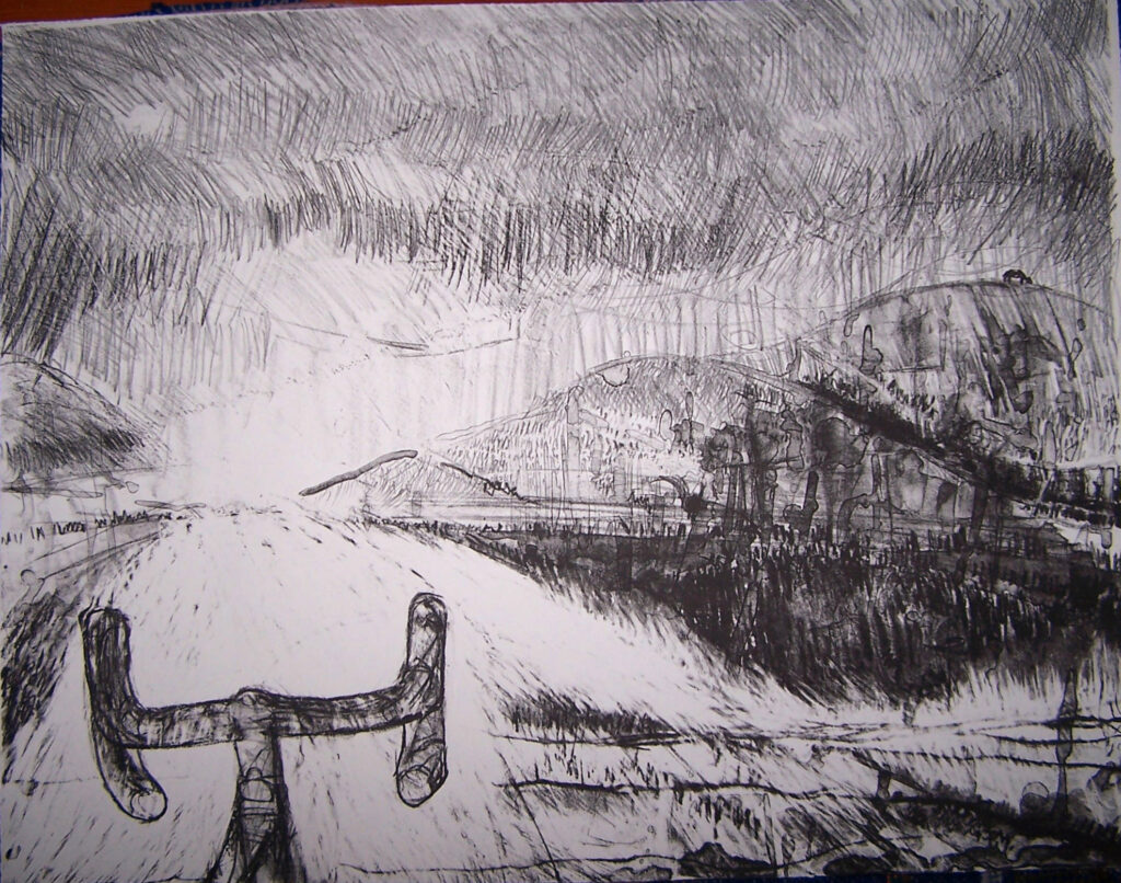 drawing of bicycle handles facing the open road, rolling hills in the distance.