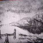 drawing of bicycle handles facing the open road, rolling hills in the distance.