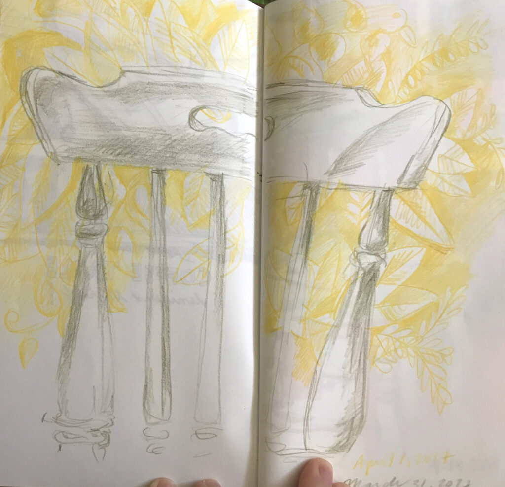 colored pencil sketch of wooden chair back, with fanciful leaf imagery behind