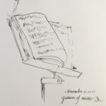 Sheet music sits at a precarious angle on a metal music stand, drawn in ink