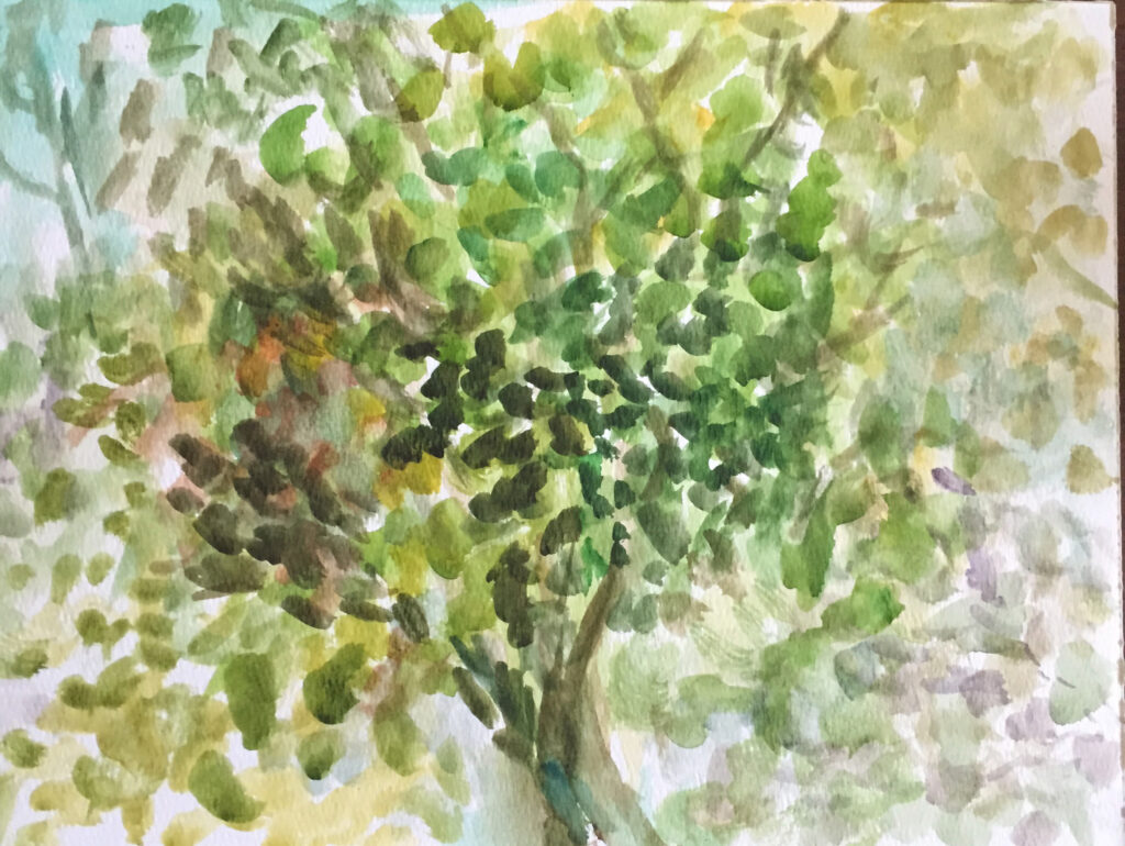 loose patches of brushwork form a tree in watercolor and gouache