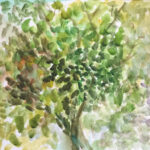 loose patches of brushwork form a tree in watercolor and gouache