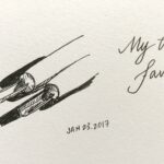 pen drawing of woodcutting tools in sharp contrast