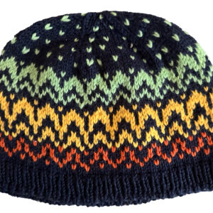 "Mountain tops" Colorwork knitted hat, green, gold and orange over navy background in scalloped design