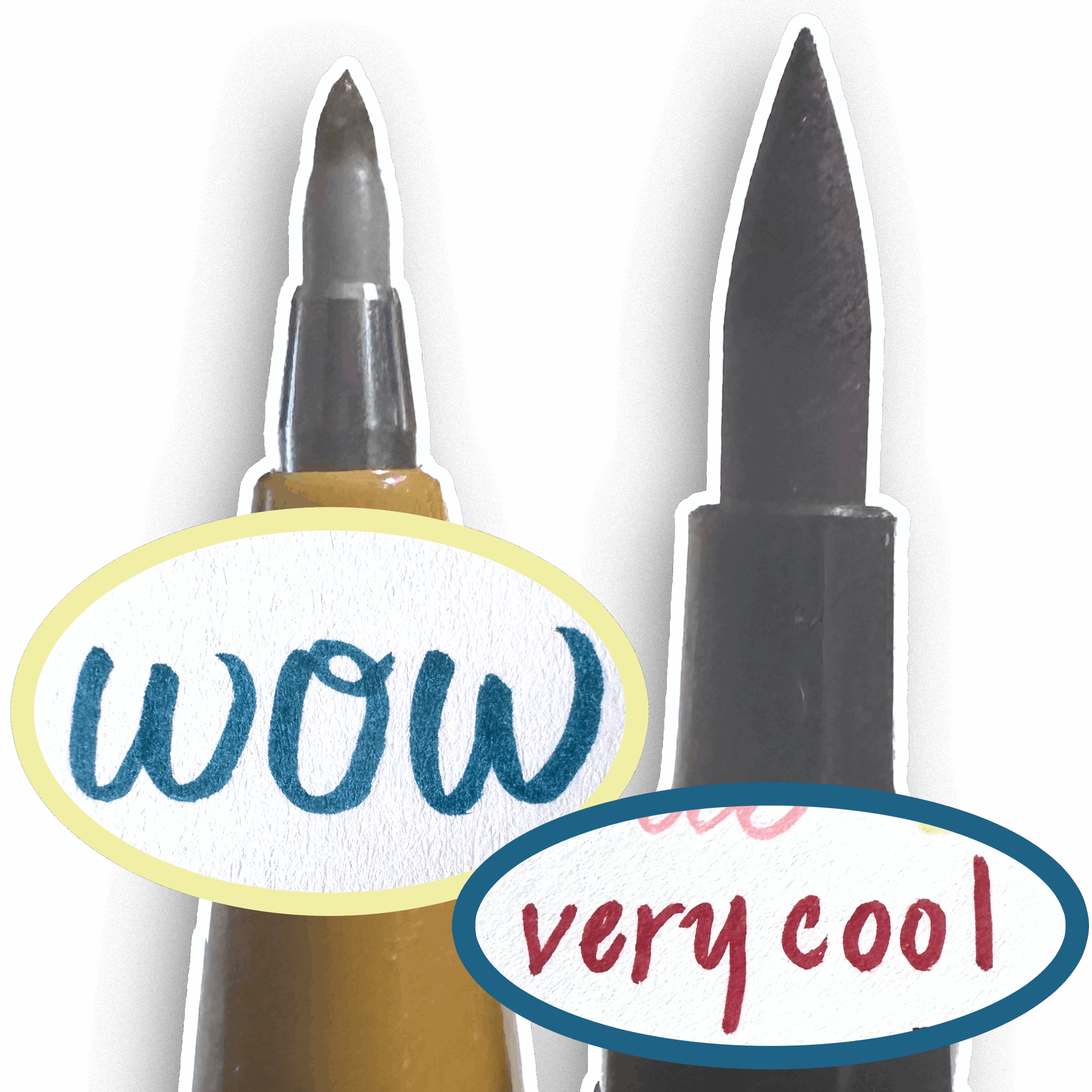 Close up of two types of brush pen tips, with handlettered call-outs in front that say "wow" and "very cool"