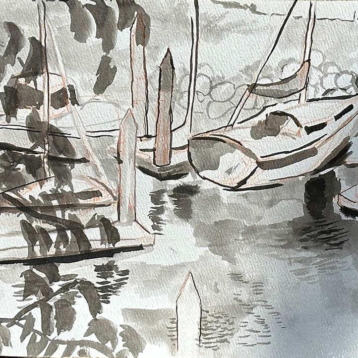 close up of sumi ink painting of harbor boats with leaves overhanging