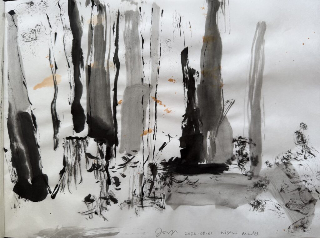 sumi ink painting on rice paper of redwood tree trunks and a mossy stump