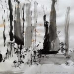sumi ink painting on rice paper of redwood tree trunks and a mossy stump