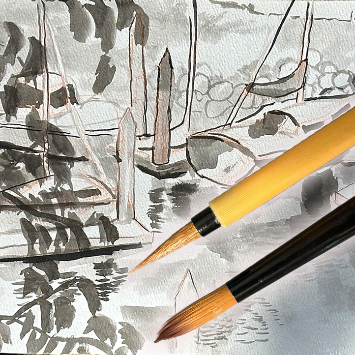 Inkwash painting of harbor boats with paintbrushes in the foreground